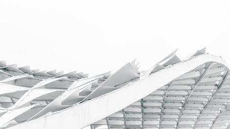 Modern architectural structure with white geometric roof design.の写真素材