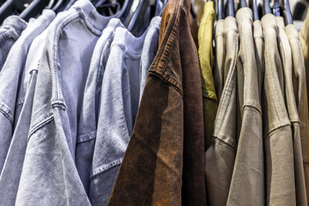 Variety of casual jackets on rack in neutral tones.の写真素材