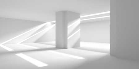 Minimalistic white architectural interior with geometric light patterns. 3d render.の写真素材