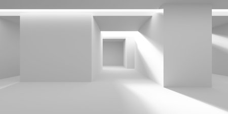 Minimalist architecture design featuring white geometric structures. 3d render.の写真素材