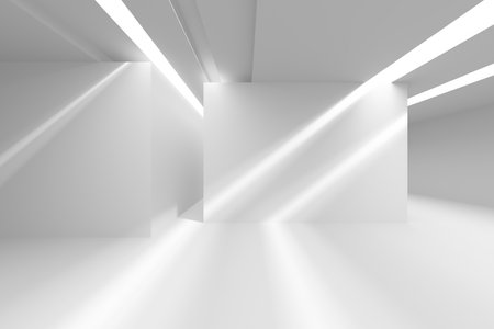 Futuristic minimalist interior with geometric light rays design for modern spaces. 3d render.の写真素材
