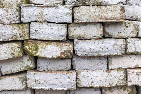 Weathered white bricks with mossy accents in a stacked arrangement.の写真素材