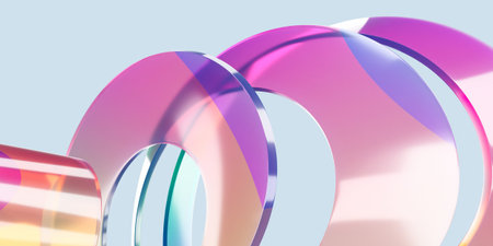 Abstract colorful curved discs with translucent gradient design for modern decor. 3d render.の写真素材