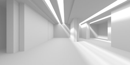 Minimalist architectural interior with abstract light patterns for creative spaces. 3d render.の写真素材