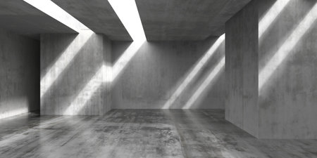 Modern architectural design with sunlight streaming through concrete interior. 3d render.の写真素材