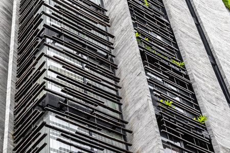 Modern architectural design with green elements on contemporary building facade.の写真素材