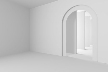 Minimalist abstract interior with arched doorway and white walls design for modern architecture .3d render.の写真素材