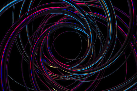 Vortex of neon light rings in abstract dark space for artistic design. 3d render.の写真素材