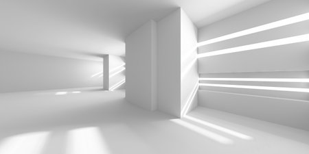Minimalistic white abstract interior with sunlight beams in modern architectural space. 3d render.の写真素材