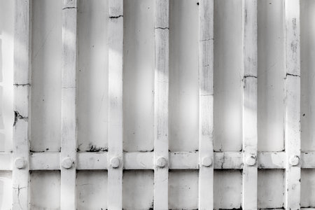 Vertical white metal bars with rust and shadows in industrial design.の写真素材