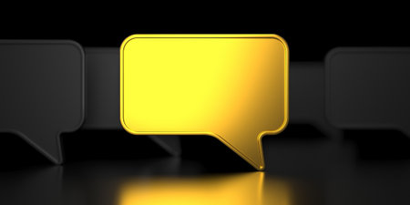 Golden speech bubble on dark background for communication design and modern presentation. 3d render.の写真素材