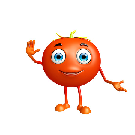 3d illustration of tomato character with saying hi poseの写真素材