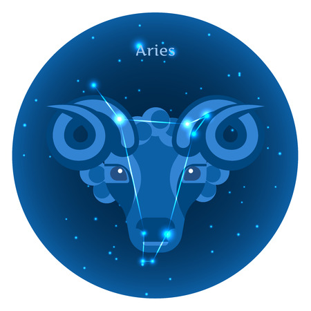 Stylized icons of zodiac signs in the night sky with zodiac bright stars constellation in front. Astrology symbol. Aries zodiac sign.のイラスト素材