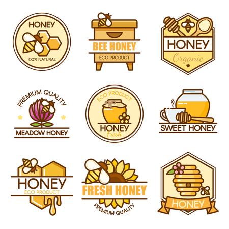 Vector set of colored honey labels, bee badges and design elements. Apiary logo template. Outline flat consept styleのイラスト素材
