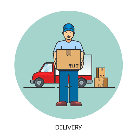 Male postal delivery courier man in front of cargo van delivering package.のイラスト素材