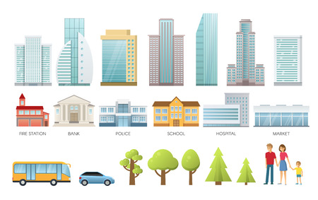 City life Infographic set with buildings and modern city houses, family, cars, trees flat vector icons.のイラスト素材