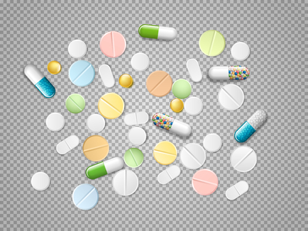 Set of vector realistic pills and capsules isolated on transparent background. Heap of medicines, tablets, capsules, drug of painkillers, antibiotics, vitamins and aspirin.のイラスト素材