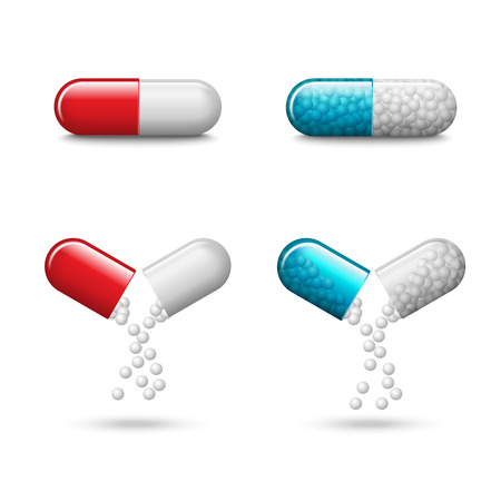 Set of vector realistic red and blue pills or capsules isolated on white background. Small balls pouring from an open medical capsule. Medicines, tablets, drug of painkillers, antibiotics, vitamins.のイラスト素材