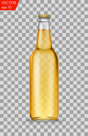Realistic white glass beer bottles with drink isolated on a transparent background. Vector illustration. Template blank for product packing advertisement.のイラスト素材