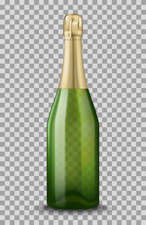 Vector Realistic green with gold closed Champagne bottle isolated on transparent background. Mockup template blank for product packing advertisement.のイラスト素材