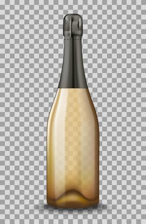 Realistic gold Champagne bottle isolated on transparent background. Mockup template blank for product packing advertisement.のイラスト素材