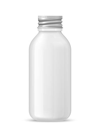 Ads template, blank skin care mockup with realistic white glass bottle with aluminum twisting cover for liquid gel, soap, lotion, cream, shampoo, bath foam and other cosmeticsのイラスト素材