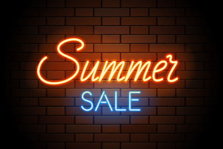 Red and blue vector neon lights uppercase signs summer SALE. Illustration transparent on realistic brick wall.のイラスト素材