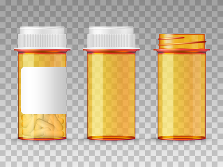 Realistic vector medical orange pills bottle isolated on transparent background. Empty closed, opened, and with a blank label prescription medicine tablets.のイラスト素材