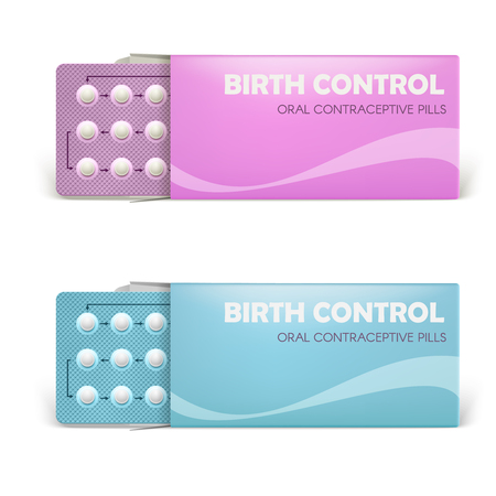 Realistic vector female oral contraceptive pills blister with clipping path and opened packing on white background. Women contraceptive hormonal birth control pills. Planning pregnancy concept.のイラスト素材