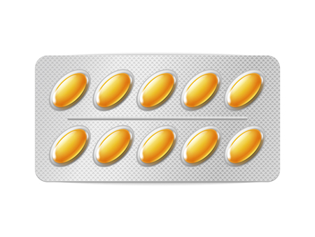 Realistic fish oil Omega 3 pills blister with capsules on white background. Realistic mock-up of pills packaging medicines vitamins. Healthcare medical.のイラスト素材
