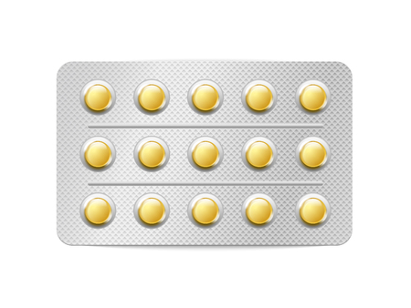 Realistic fish oil Omega 3 pills blister with capsules on white background. Realistic mock-up of pills packaging medicines vitamins. Healthcare medical.のイラスト素材