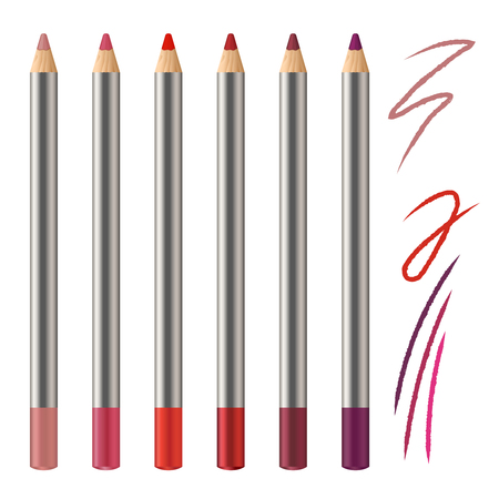 Realistic vector set of lip pencil mockup. Decorative cosmetic colored pencils. Red, pink, magenta color Cosmetic pencil strokes.のイラスト素材