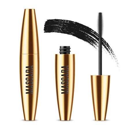 Realistic vector golden Mascara Bottle, brush and mascara Brush Strokes. Black wand, strokes and tube Isolated on white background. Fashionable cosmetics Makeup for Eyes.のイラスト素材