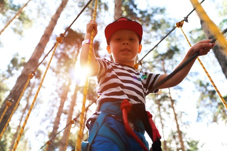 Happy little boy having fun in extreme rope parkの写真素材