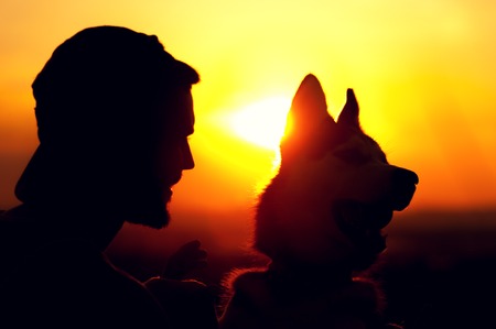 Young man and his dog friend having fun togetherの写真素材