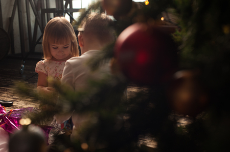 Happy kids opening presents next to Christmas treeの写真素材