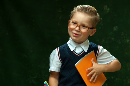 Positive cute little school boy posing