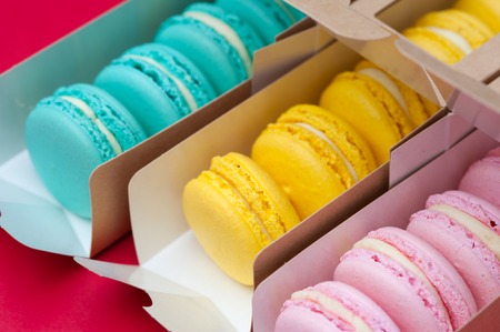 French pastel macaroons on gift boxesの写真素材