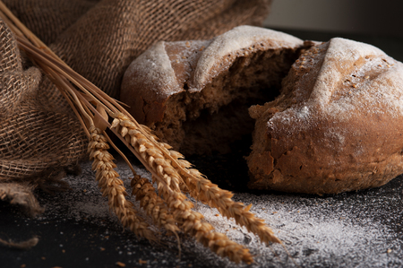Freshly baked homemade rye flour breadの写真素材