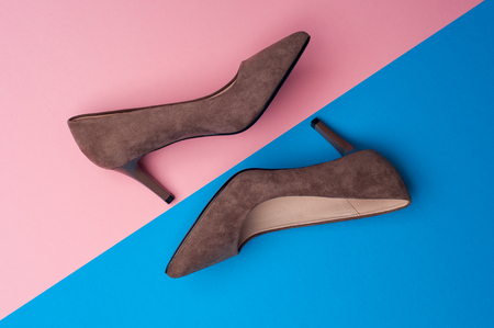 Beige female high heel shoes, flat layの写真素材