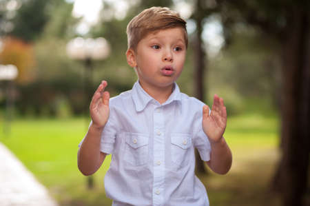 Cheerful cute little brown-eyed boyの写真素材
