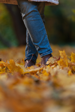 Close-up - female foots in autumn leaves groundの写真素材