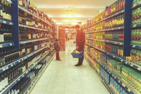 View of shelves with blurred packsの写真素材