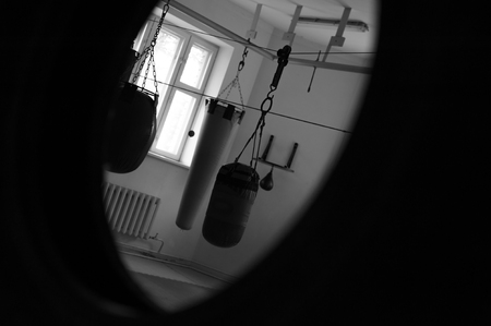 Several punching bags hanging in the gymの写真素材