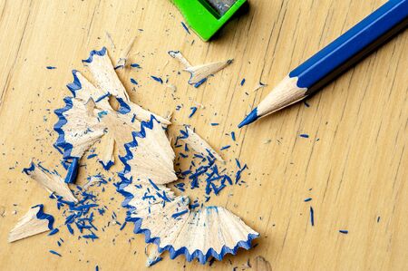 Close-up of a bright blue pencil just sharpenedの写真素材