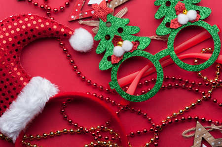 Christmas Decoration Set: Wooden Stars, Funny Glasses And Golden Beadsの写真素材
