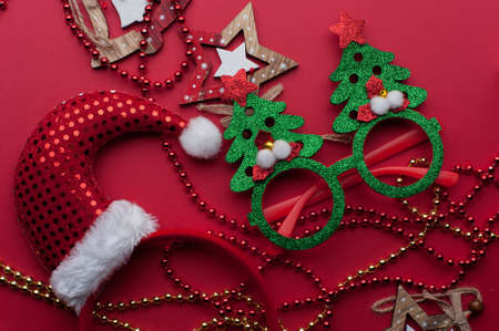 Christmas Decoration Set: Wooden Stars, Funny Glasses And Golden Beadsの写真素材