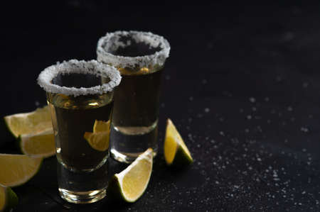 Mexican Gold Tequila with lime slices and salt.の写真素材
