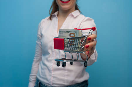 Young woman holding a toy grocery basketの写真素材