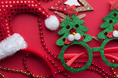 Christmas Decoration Set: Wooden Stars, Funny Glasses And Golden Beadsの写真素材
